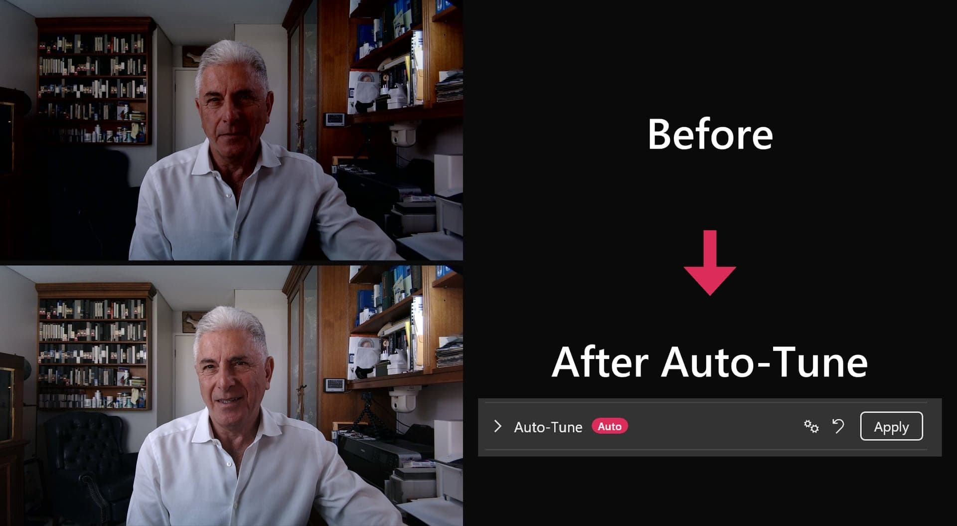 Before and after Auto-Tune: a dim, flat webcam picture above the same presenter evenly lit with natural colour