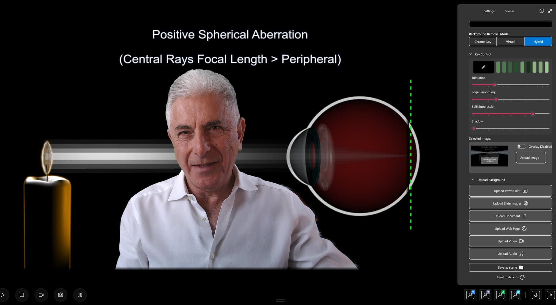 Presenter keyed in front of a lecture slide, with the Hybrid background removal controls open