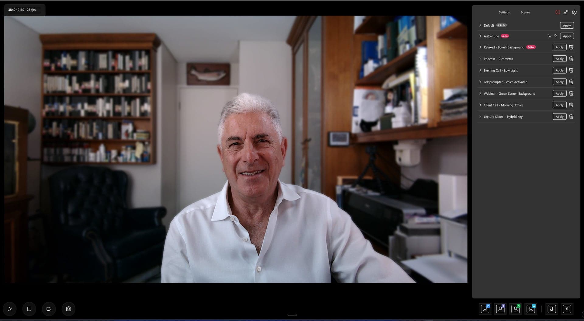 iViCAM Scenes list with saved looks such as Evening Call Low Light, beside a live preview of the presenter