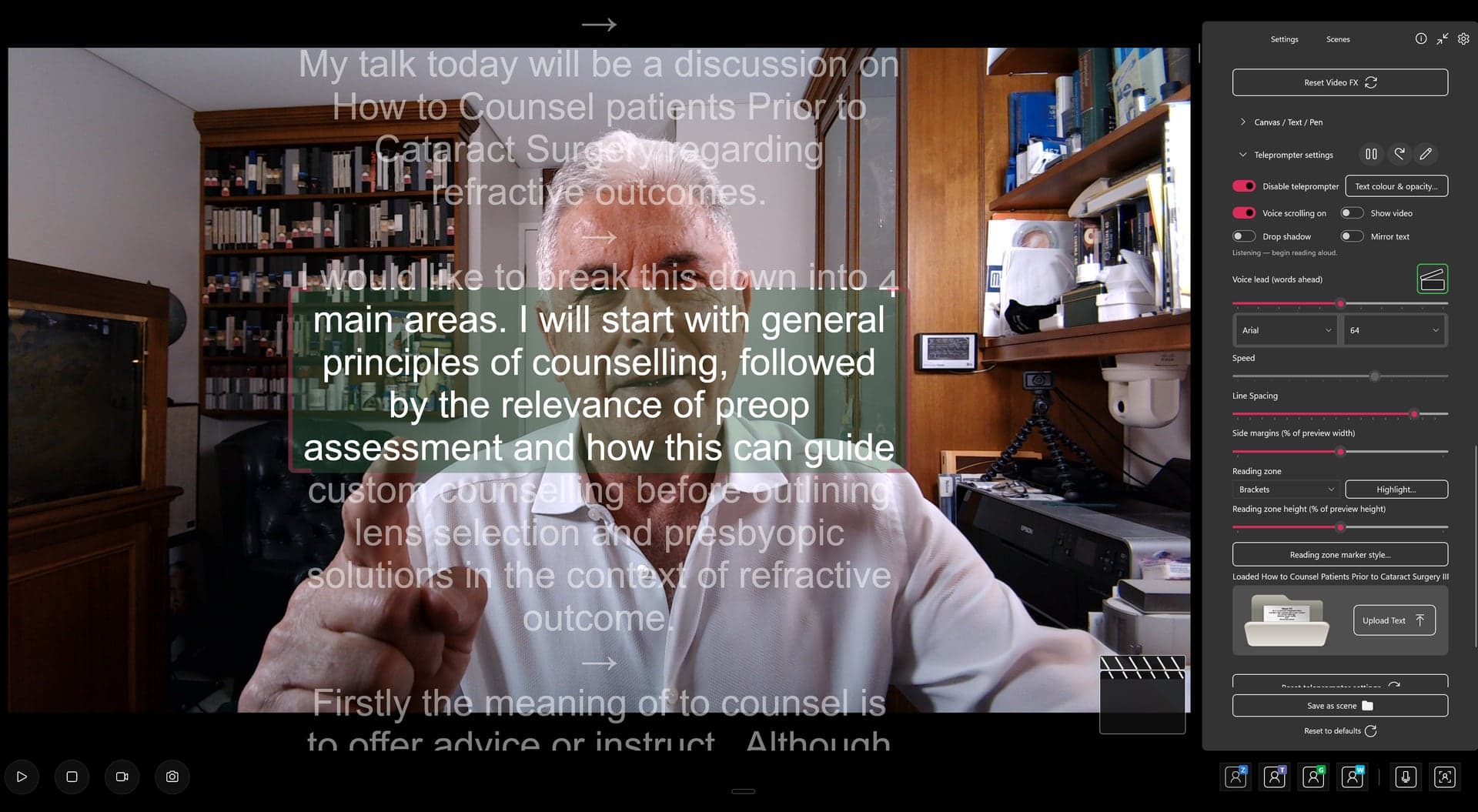 Teleprompter script scrolling over the live preview, with voice scrolling switched on